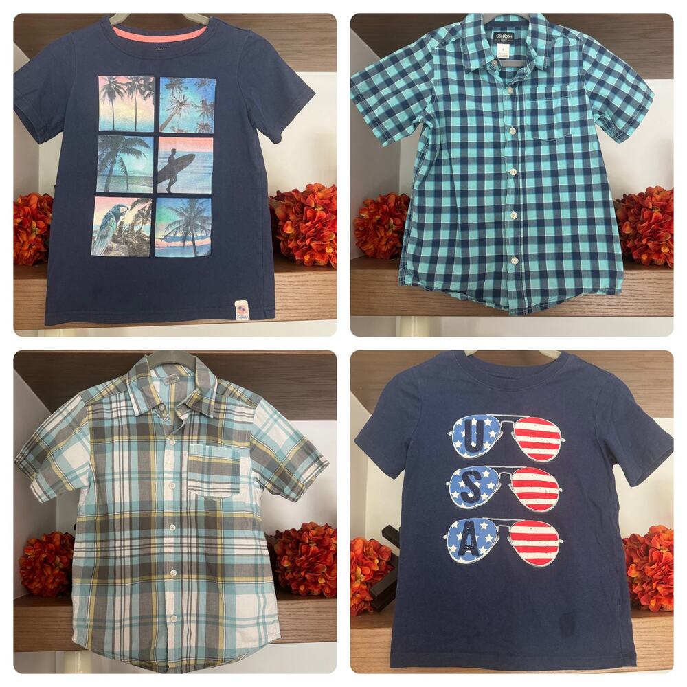 Boys Tee/Button Down Top Bundle: Plaid, Surfing, Patriotic